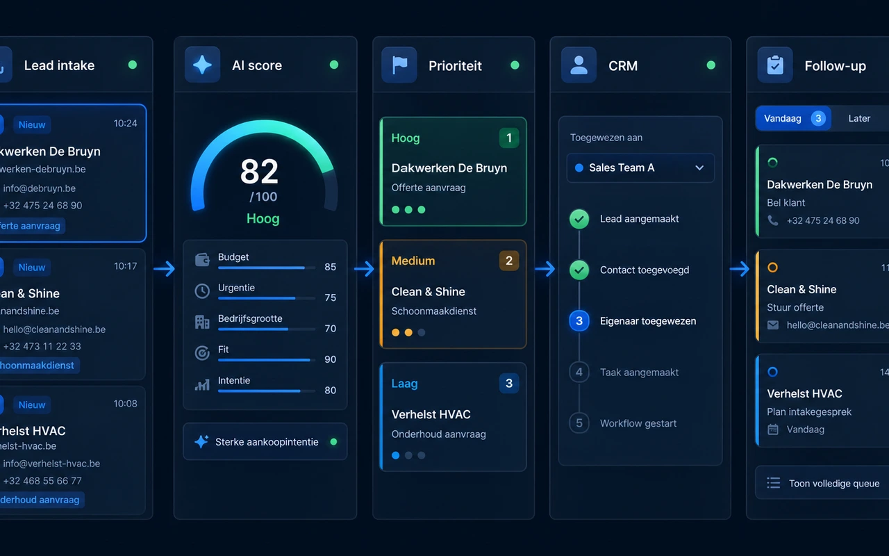 AI-dashboard voor lead intake, scoring, CRM-toewijzing en follow-up