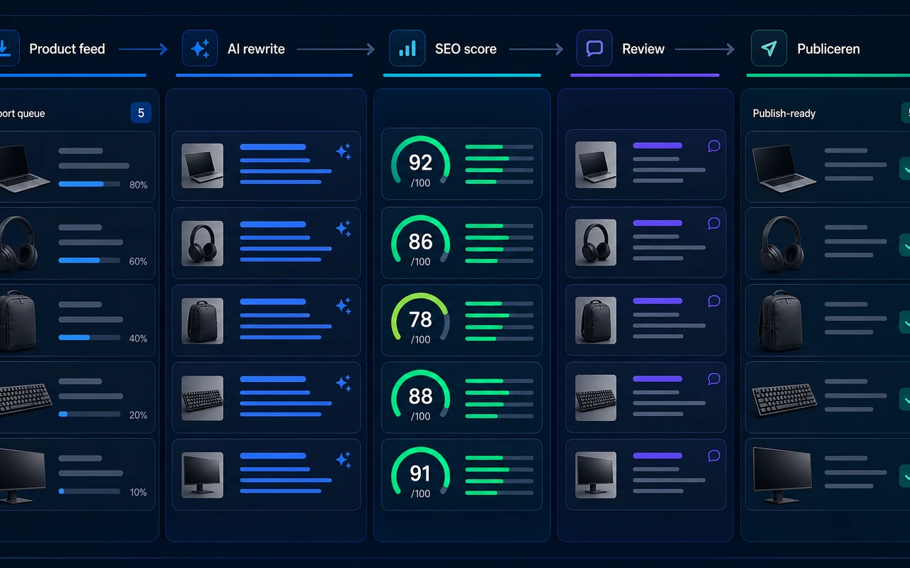 AI-dashboard voor productfeed, herschrijven, SEO-score, review en publicatie
