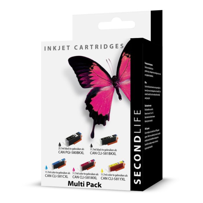 SecondLife - Canon 580/581 XL Multipack Deze multipack bevat: PGI-580BKXL, CLI-581BKXL, CLI-581CXL, CLI-581MXL, CLI-581YXL <strong>Meer printen voor minder geld</strong> Met onze SecondLife cartridges bespaar je direct op jouw printkosten. Onze eigen patronen bevatten meer inkt ten opzichte van het origineel. Door de grotere inhoud, bespaar je enorm op je printkosten. <a href="https://reboot-it.be/diensten/inkt">Ontdek alle voordelen van SecondLife inkt. </a> 