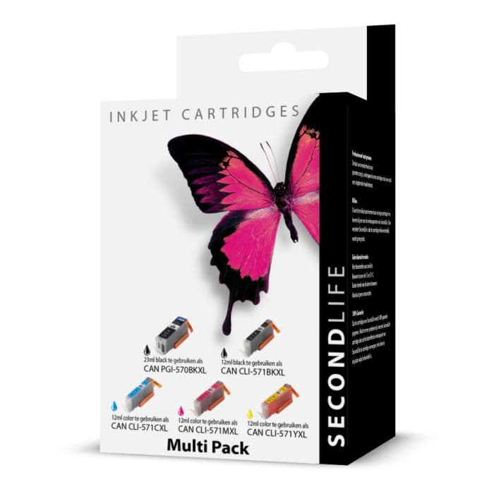 SecondLife - Canon 570/571 Multipack Deze multipack bevat: PGI-570BKXL, CLI-571BKXL, CLI-571-CXL, CLI-571-MXL, CLI-571-YXL <strong>Meer printen voor minder geld</strong> Met onze SecondLife cartridges bespaar je direct op jouw printkosten. Onze eigen patronen bevatten meer inkt ten opzichte van het origineel. Door de grotere inhoud, bespaar je enorm op je printkosten. <a href="https://reboot-it.be/diensten/inkt">Ontdek alle voordelen van SecondLife inkt. </a> - afbeelding 1