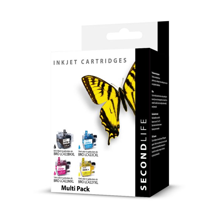 SecondLife - Brother LC 422 XL Multipack Deze multipack bevat: LC422BKXL, LC422CXL, LC422MXL, LC422YXL <strong>Meer printen voor minder geld</strong> Met onze SecondLife cartridges bespaar je direct op jouw printkosten. Onze eigen patronen bevatten meer inkt ten opzichte van het origineel. Door de grotere inhoud, bespaar je enorm op je printkosten. <a href="https://reboot-it.be/diensten/inkt">Ontdek alle voordelen van SecondLife inkt. </a> 