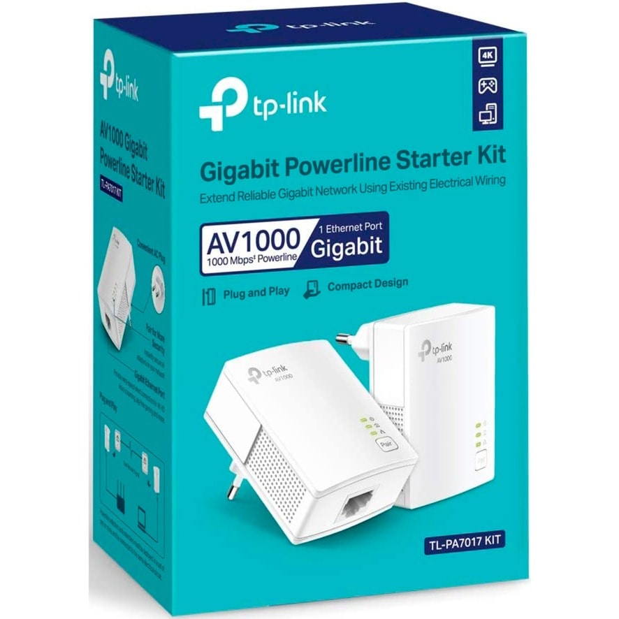TP-Link - Powerline AV 1000 Kit Met de TP-Link TL-PA7017 KIT geniet je van snelle en betrouwbare internetverbindingen via je bestaande stroomnet, met overdrachtssnelheden tot 1000 Mbps. Ideaal voor desktops, smart-tv's of gameconsoles. Plug-and-play installatie voor direct gebruik.