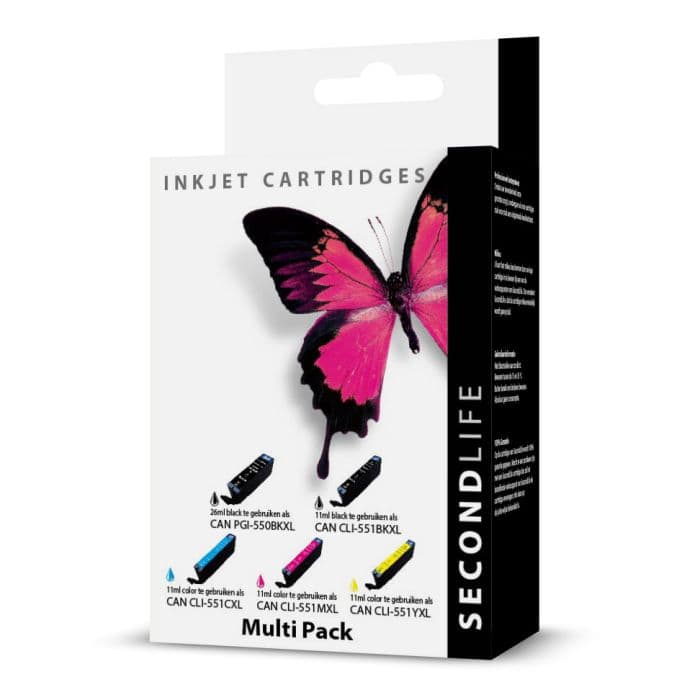 SecondLife - Canon 550 Black & 551 Multipack Deze multipack bevat: PGI-550BKXL, CLI-551BKXL, CLI-551CXL, CLI-551MXL, CLI-551YXL <strong>Meer printen voor minder geld</strong> Met onze SecondLife cartridges bespaar je direct op jouw printkosten. Onze eigen patronen bevatten meer inkt ten opzichte van het origineel. Door de grotere inhoud, bespaar je enorm op je printkosten. <a href="https://reboot-it.be/diensten/inkt">Ontdek alle voordelen van SecondLife inkt. </a> - afbeelding 1