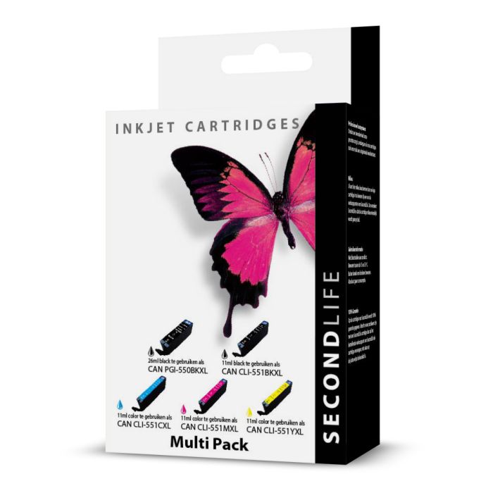 SecondLife - Canon 550 Black & 551 Multipack Deze multipack bevat: PGI-550BKXL, CLI-551BKXL, CLI-551CXL, CLI-551MXL, CLI-551YXL <strong>Meer printen voor minder geld</strong> Met onze SecondLife cartridges bespaar je direct op jouw printkosten. Onze eigen patronen bevatten meer inkt ten opzichte van het origineel. Door de grotere inhoud, bespaar je enorm op je printkosten. <a href="https://reboot-it.be/diensten/inkt">Ontdek alle voordelen van SecondLife inkt. </a>