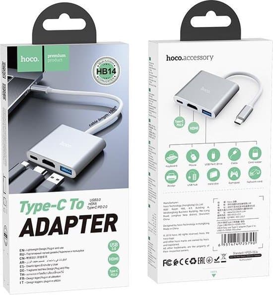 Hoco - 3-in-1 USB-C Hub <p class="" data-start="0" data-end="166">Breid de functionaliteit van je USB-C apparaten uit met deze robuuste en compacte hub, die USB 3.0, HDMI en Power Delivery (PD) ondersteunt.</p> - afbeelding 1