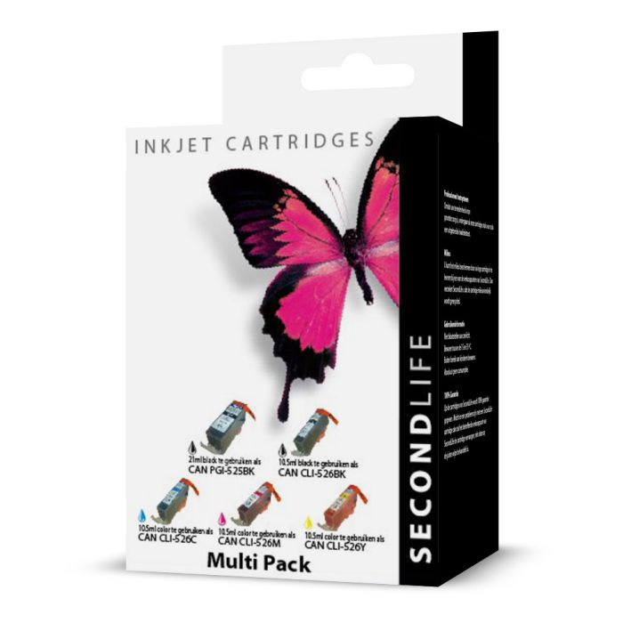 SecondLife - Canon 525 Black & 526 Multipack Deze multipack bevat: PGI-525BK, CLI-526BK,, CLI-526C, CLI-526M, CLI-526Y <strong>Meer printen voor minder geld</strong> Met onze SecondLife cartridges bespaar je direct op jouw printkosten. Onze eigen patronen bevatten meer inkt ten opzichte van het origineel. Door de grotere inhoud, bespaar je enorm op je printkosten. <a href="https://reboot-it.be/diensten/inkt">Ontdek alle voordelen van SecondLife inkt. </a>