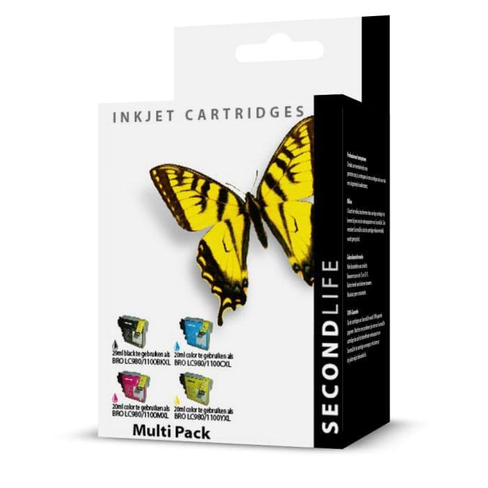SecondLife - Brother LC 980 / LC 1100 Multipack Deze multipack bevat: LC980/1100BKXL, LC980/1100CXL, LC980/1100MXL, LC980/1100YXL <strong>Meer printen voor minder geld</strong> Met onze SecondLife cartridges bespaar je direct op jouw printkosten. Onze eigen patronen bevatten meer inkt ten opzichte van het origineel. Door de grotere inhoud, bespaar je enorm op je printkosten. <a href="https://reboot-it.be/diensten/inkt">Ontdek alle voordelen van SecondLife inkt. </a> - afbeelding 1