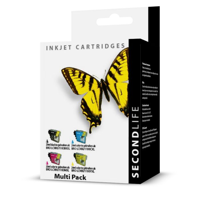 SecondLife - Brother LC 980 / LC 1100 Multipack Deze multipack bevat: LC980/1100BKXL, LC980/1100CXL, LC980/1100MXL, LC980/1100YXL <strong>Meer printen voor minder geld</strong> Met onze SecondLife cartridges bespaar je direct op jouw printkosten. Onze eigen patronen bevatten meer inkt ten opzichte van het origineel. Door de grotere inhoud, bespaar je enorm op je printkosten. <a href="https://reboot-it.be/diensten/inkt">Ontdek alle voordelen van SecondLife inkt. </a>