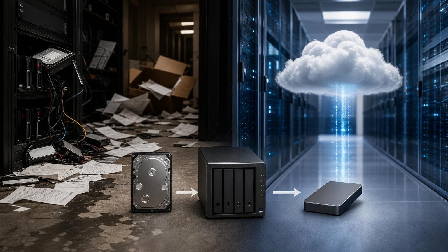 Kantooromgeving met een computer en back-upapparatuur, symboliseert dataverlies en back-upstrategieën