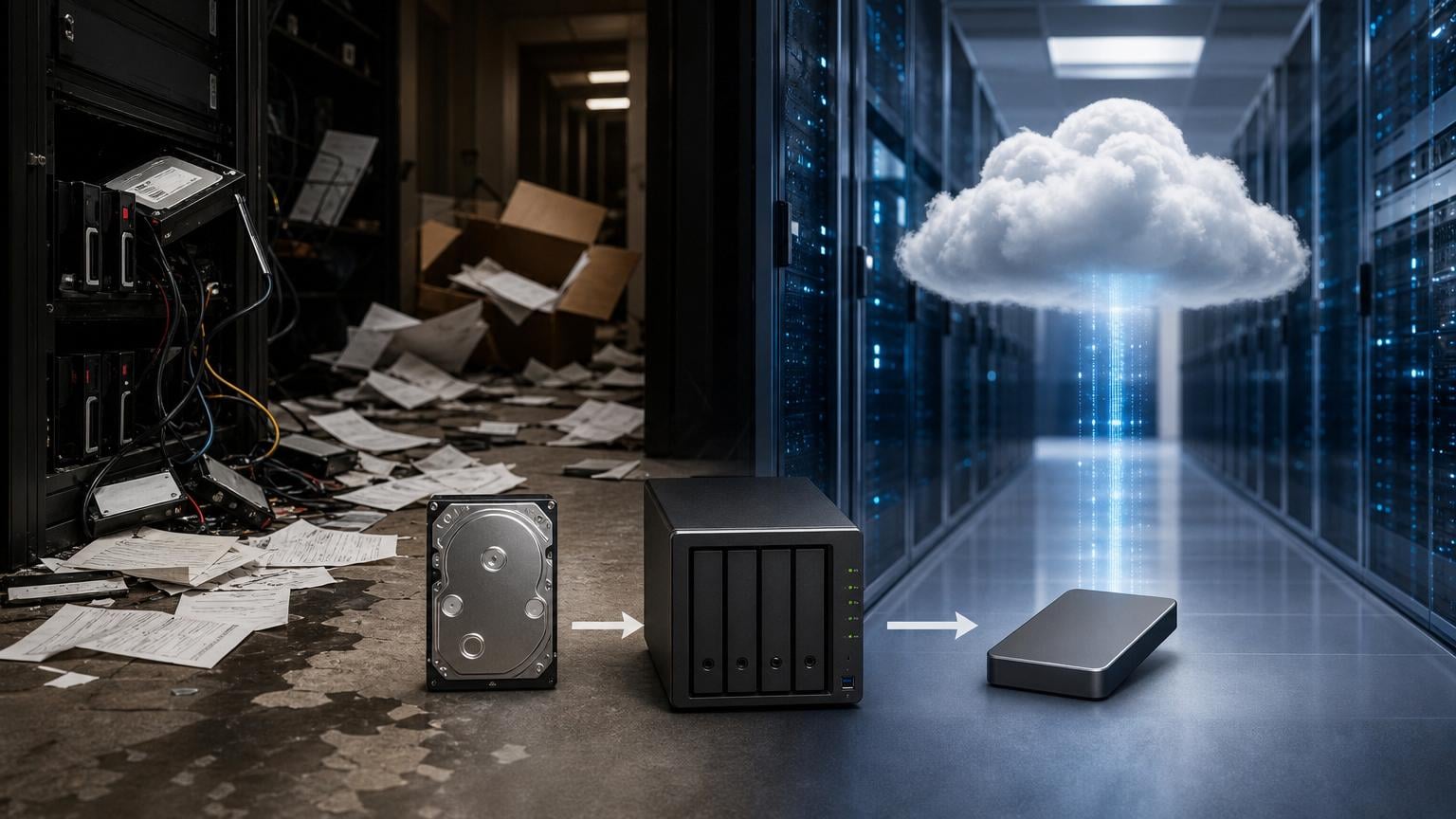 Kantooromgeving met een computer en back-upapparatuur, symboliseert dataverlies en back-upstrategieën