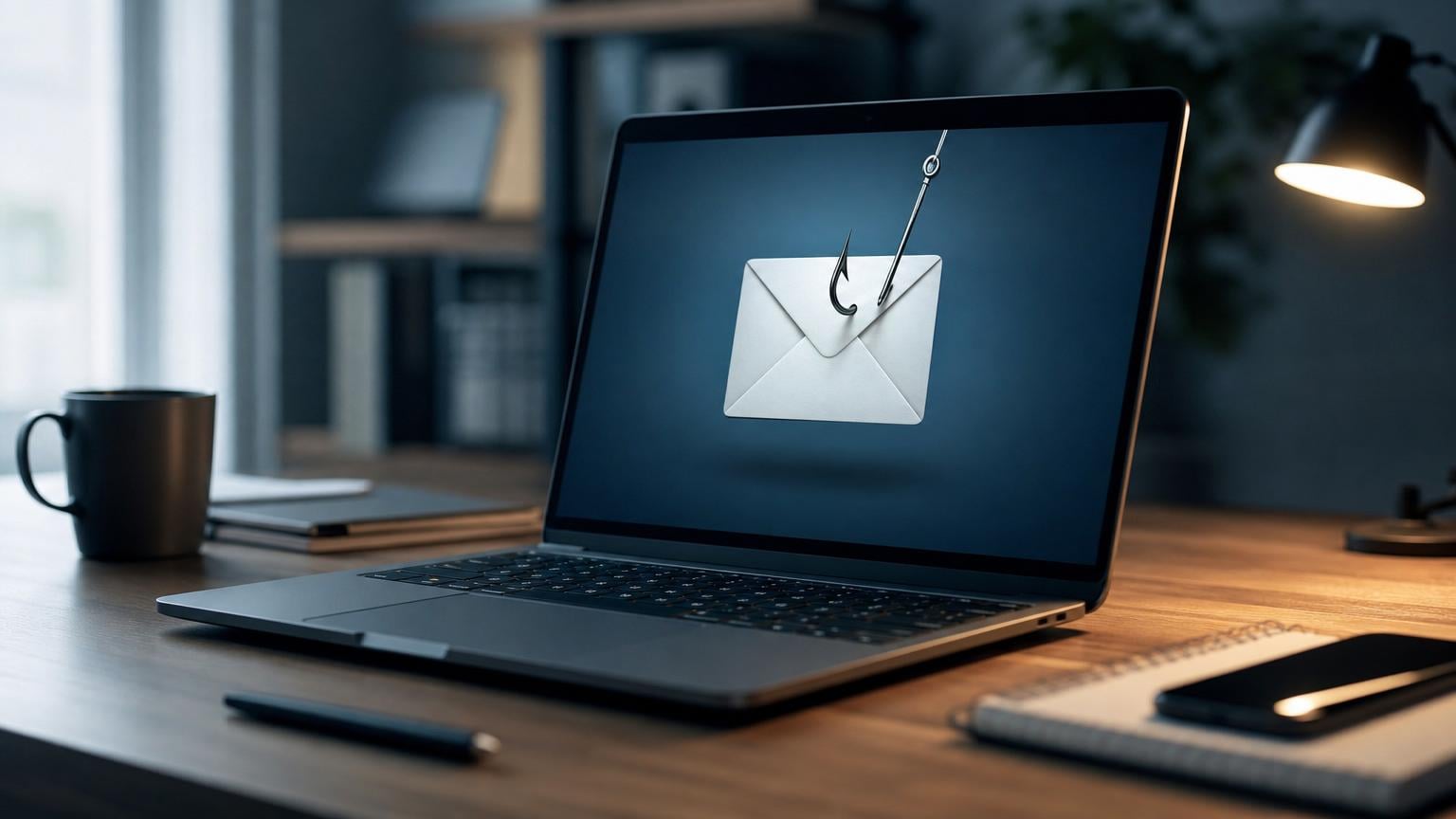Phishing-e-mail voorbeeld met verdachte elementen op een computer scherm in een kantooromgeving