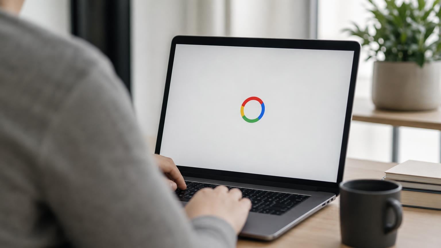 Frustrerende laadsnelheid van een zakelijke website op laptop, persoon niet herkenbaar