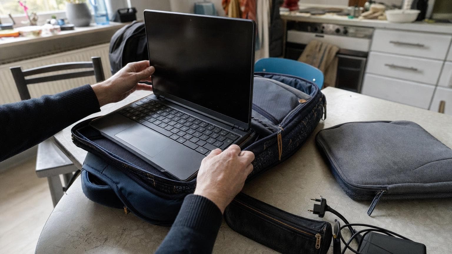 Schoollaptop naast een rugzak op een Belgische keukentafel