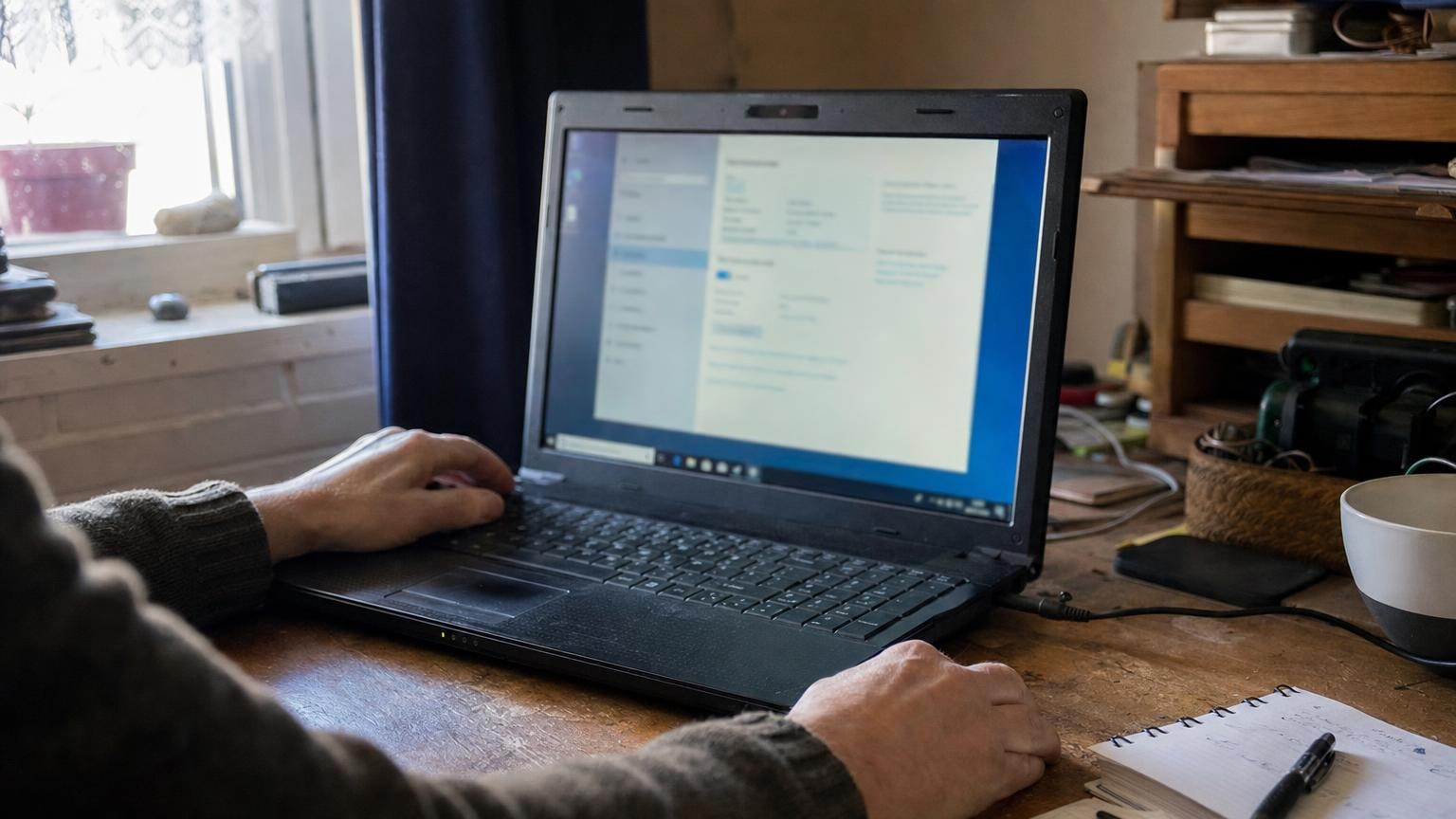 Een oudere laptop toont systeeminstellingen naast een handgeschreven controlelijst