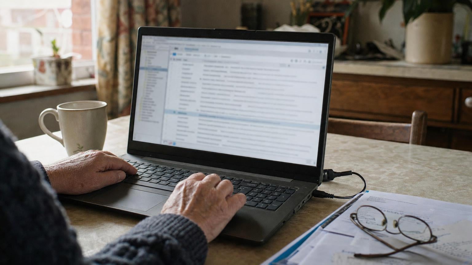 Oudere gebruiker bekijkt een volle mailbox op een laptop aan de keukentafel