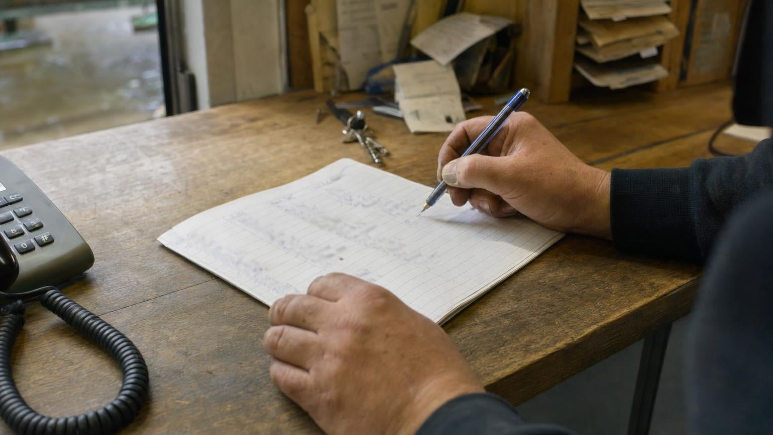Hand noteert een gemiste oproep naast een vaste telefoon op een werktafel